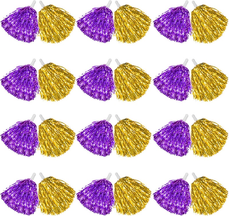 DILIBRA 24 Pcs Metallic Cheerleading Pom Poms for Kids, Cheerleaders Cheer Pom Poms with Baton Handle, Cheering Squad Hand Flower for Adults Team Spirit Sports Game Dancing Party - Image 1
